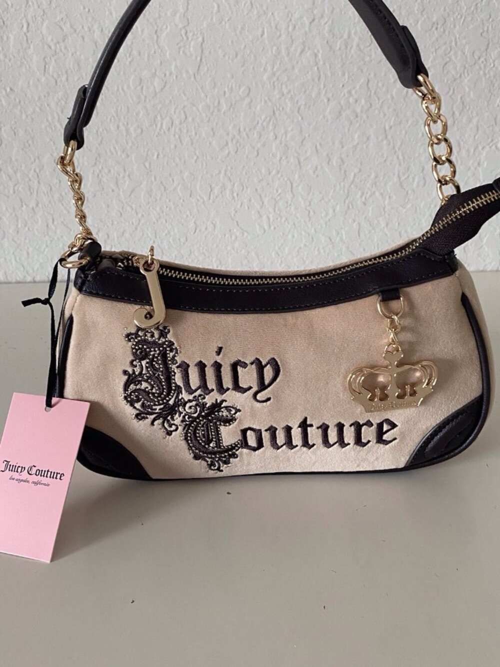 Juicy Couture Juicy Renaissance Shoulder Bag In Buff Beige W/Charm Crown Velvet - Picture 2 of 13